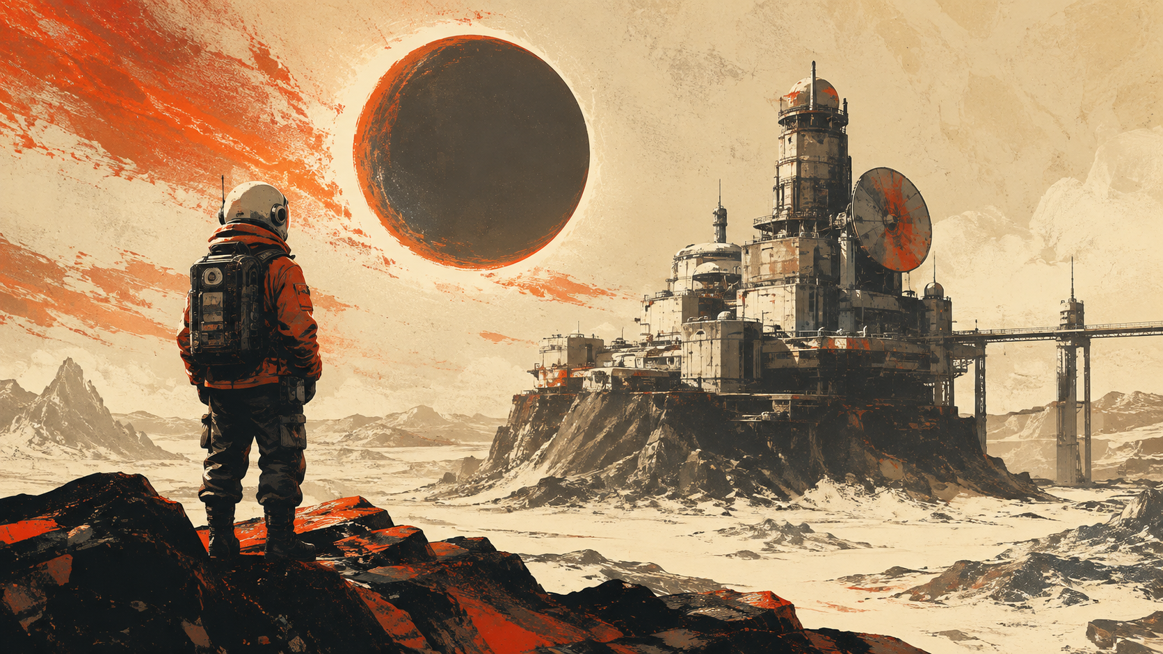 Fictional sci-fi game: an explorer looking towards an abandoned moon station